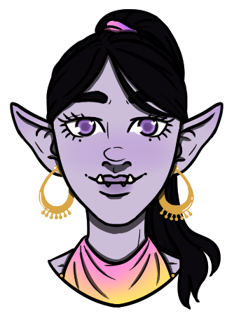 Cozy, goblin girl with lavender skin and purple eyes, wearing her long black hair in a high ponytail, gold hoop earrings. 